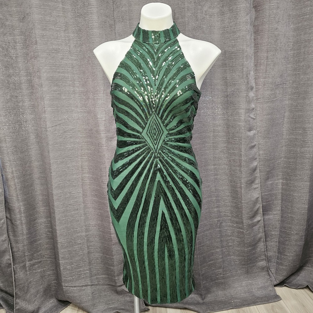 Elegant Green Sequin Halter Dress